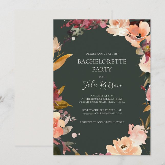 Burgundy Orange Blommigt | Grönt Bachelorette Part Inbjudningar (Fram/baksida)