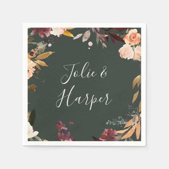 Burgundy Orange Blommigt | Grönt Bröllop Napkins Pappersservett (Framsidan)