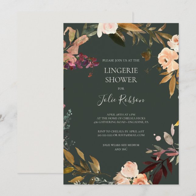 Burgundy Orange Blommigt | Grönt Lingerie Shower Inbjudningar (Fram/baksida)
