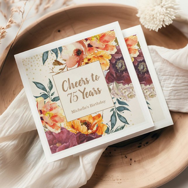 Burgundy Orange Blommigt Guld Cheers 75 år Pappersservett (Cheers to 75 Years paper napkins)