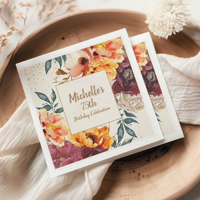 Burgundy Orange Blommigt Guld Glitter 75:e födelse Pappersservett (Orange and burgundy watercolor floral 75th birthday party paper napkins)