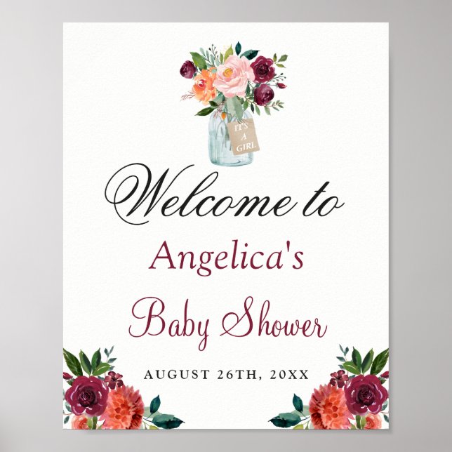 Burgundy Orange blommigt Mason Burk Baby Shower Si Poster (Framsidan)