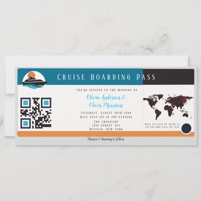Burgundy Orange Blue Cruise Boarding Pass Bröllop Inbjudningar (Framsida)