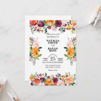 Burgundy Orange Crush Blommigt rent bröllop-kort