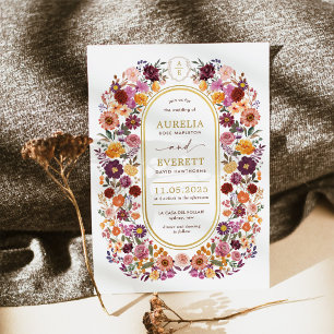 Burgundy Orange Fall Wildblomme Garden Wedding Wed Inbjudningar