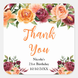 Burgundy Orange Floral Birthday Thank You Fyrkantigt Klistermärke