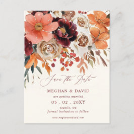 Burgundy Orange Floral Fall Save the Date Meddelande Vykort