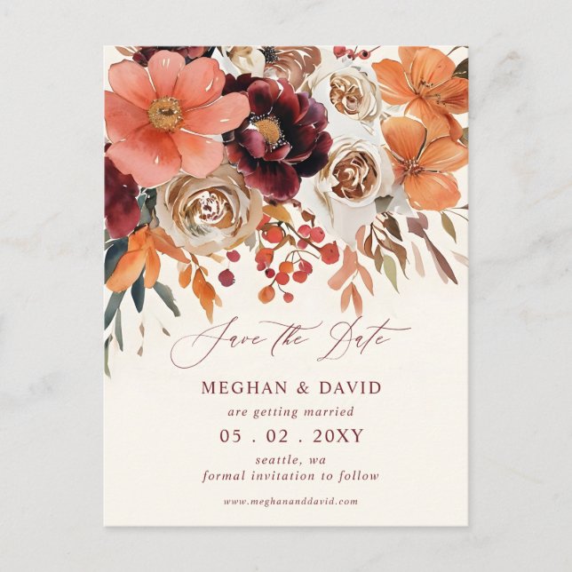 Burgundy Orange Floral Fall Save the Date Meddelande Vykort (Framsida)