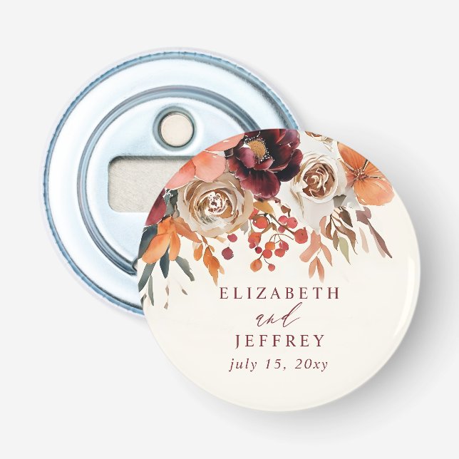 Burgundy Orange Floral Fall Wedding Flasköppnare (Framsidan)