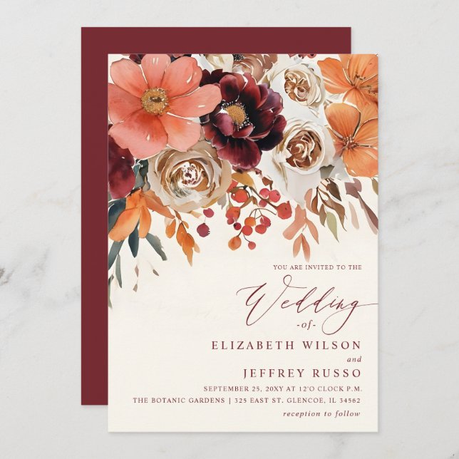 Burgundy Orange Floral Fall Wedding Inbjudningar (Fram/baksida)