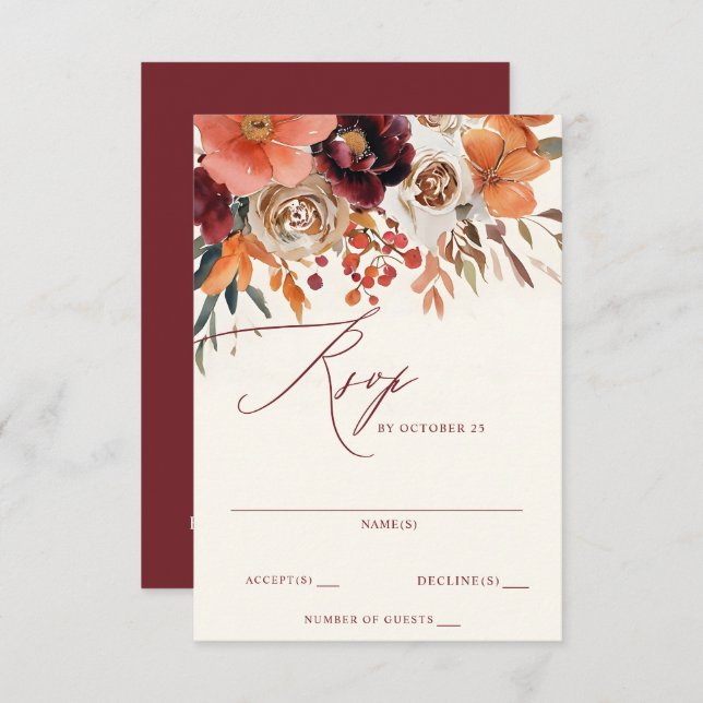 Burgundy Orange Floral Fall Wedding OSA Kort (Fram/baksida)