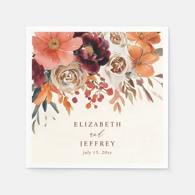 Burgundy Orange Floral Fall Wedding Pappersservett (Framsidan)