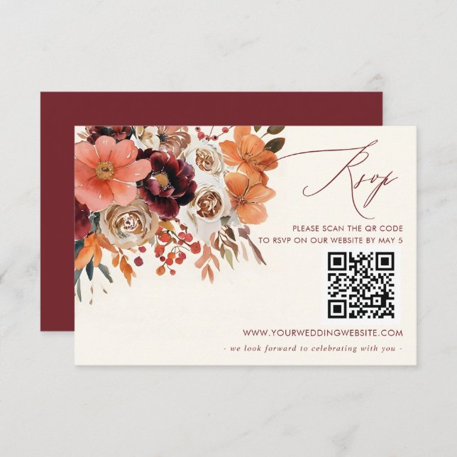 Burgundy Orange Floral Fall Wedding QR CODE OSA Kort (Fram/baksida)