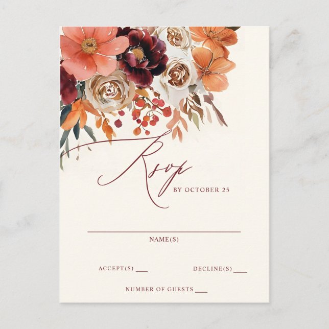 Burgundy Orange Floral Fall Wedding RSVP Vykort (Framsida)