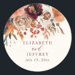Burgundy Orange Floral Fall Wedding Runt Klistermärke<br><div class="desc">Burgundy Orange Floral Fall Wedding Stickers</div>