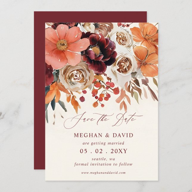 Burgundy Orange Floral Fall Wedding Spara Datumet (Fram/baksida)