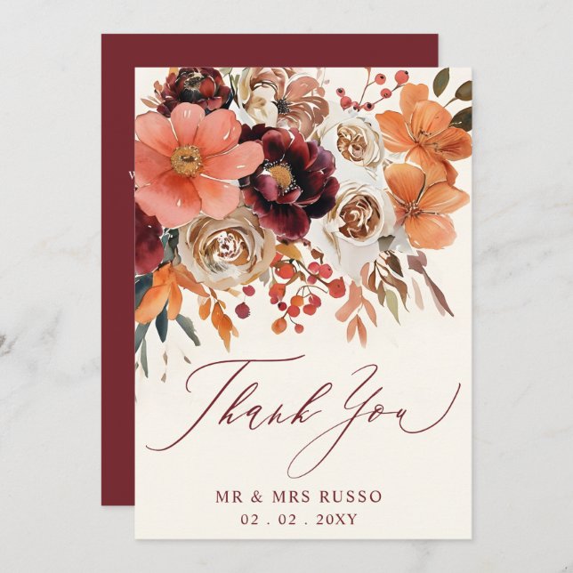 Burgundy Orange Floral Fall Wedding  Tack Kort (Fram/baksida)