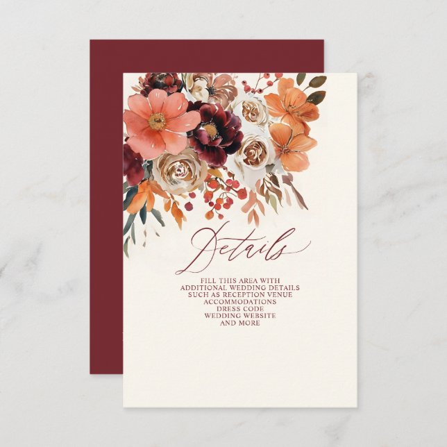 Burgundy Orange Floral Fall Wedding Tilläggskort (Fram/baksida)