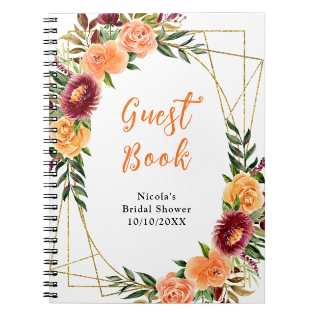 Burgundy Orange Flowers Bridal Shower Guest Book Anteckningsbok (Framsidan)