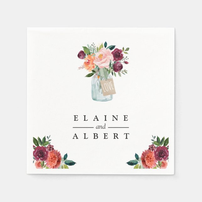 Burgundy Orange Flowers Mason Burk Bröllop Papper Pappersservett (Framsidan)