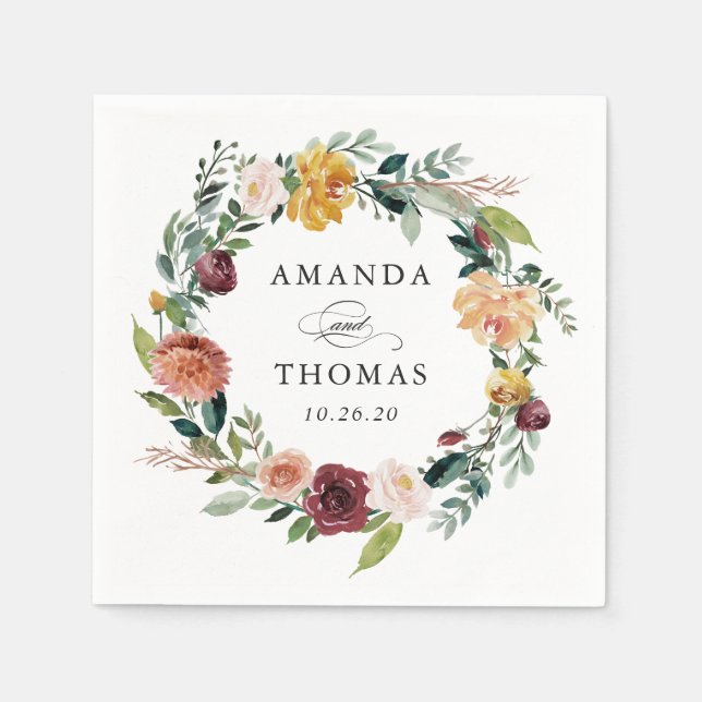 Burgundy Orange Höstfall Blommigt utandning Bröllo Pappersservett (Framsidan)