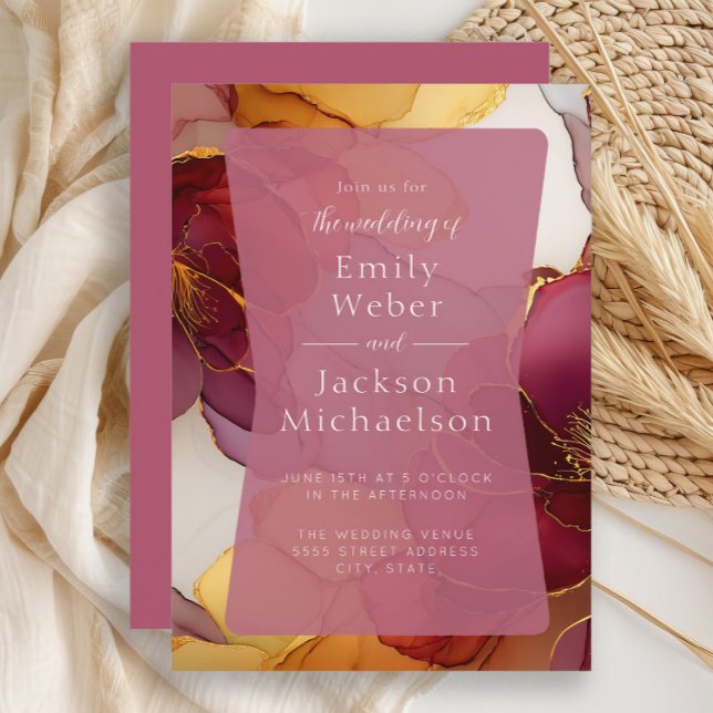 Burgundy Orange Jewel Tone Alcohol Bläck Bröllop Inbjudningar (Burgundy and orange  alcohol ink wedding invitation)