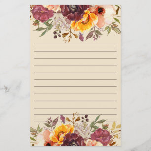Burgundy Orange Rosa Blommig Linjerad Brevpapper