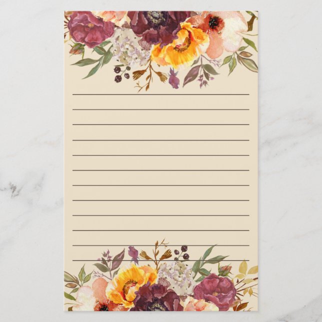 Burgundy Orange Rosa Blommig Linjerad Brevpapper (Framsida)