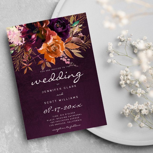 Burgundy orange rosa guld blommigt faller bröllop inbjudningar (Burgundy orange pink gold floral fall wedding invitation)