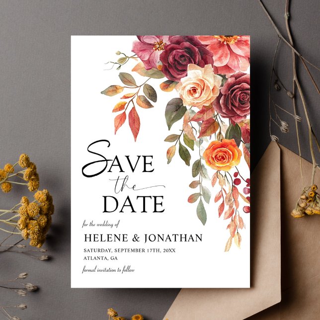 Burgundy Orange Rust Blommigt Elegant Bröllopet Spara Datumet (Burgundy Orange Rust Floral Elegant Fall Wedding Save The Date)