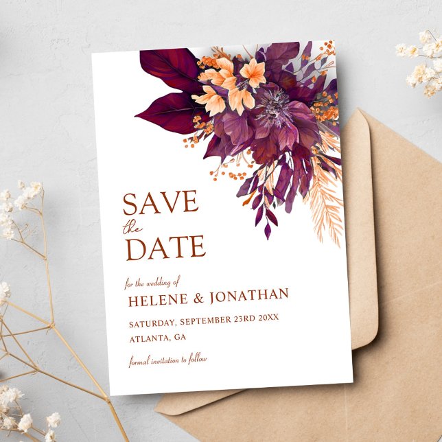 Burgundy Orange Terracotta Blommigt Elegant bröllo Spara Datumet (Burgundy Orange Terracotta Floral Elegant Wedding Save The Date)