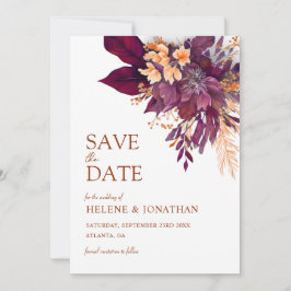 Burgundy Orange Terracotta Blommigt Elegant bröllo Spara Datumet