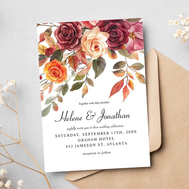 Burgundy Orange Watercolor Boho Elegant bröllop Inbjudningar (Burgundy Orange Watercolor Boho Elegant Wedding Invitation)