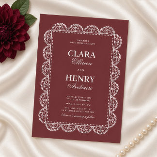 Burgundy Ornate Lace Frame Bröllop Inbjudningar