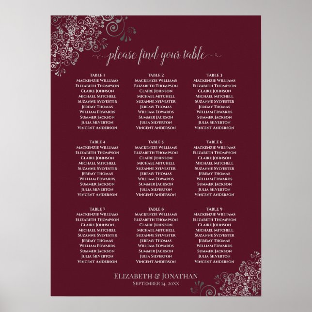 Burgundy över sittplatserna Silver vid Lacy Bord B Poster (Framsidan)