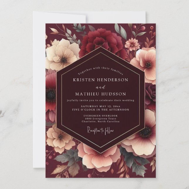 Burgundy Painterly Bloom Wedding Inbjudningar (Framsida)