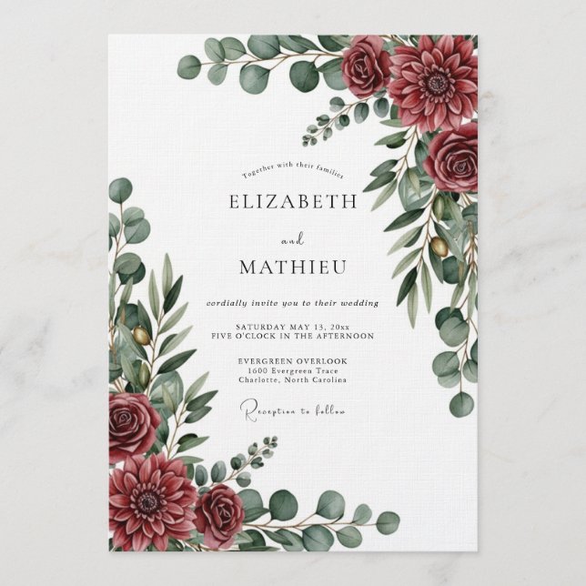 Burgundy Painterly Botanical Wedding Inbjudningar (Framsida)