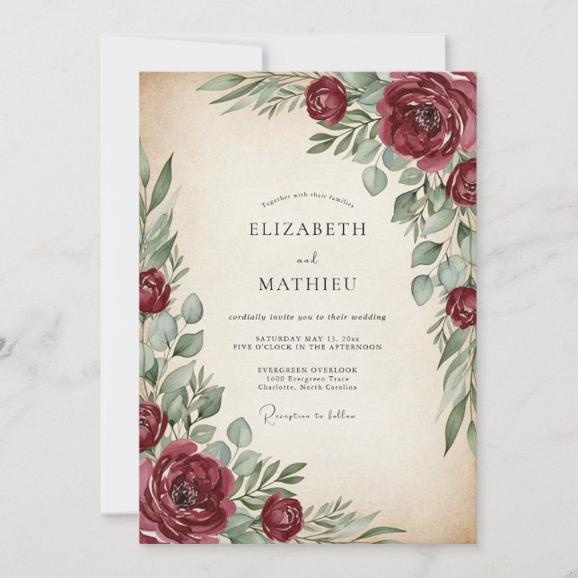 Burgundy Painterly Vintage Wedding Inbjudningar (Framsida)