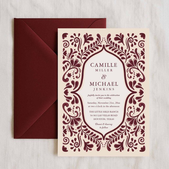 Burgundy Papel Picado Mexican Wedding Invitation Inbjudningar (Mexican Talavera Wedding Invitation)