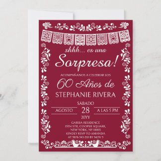 Burgundy Papel Picado Överraskning 60-årsdag Inbjudningar
