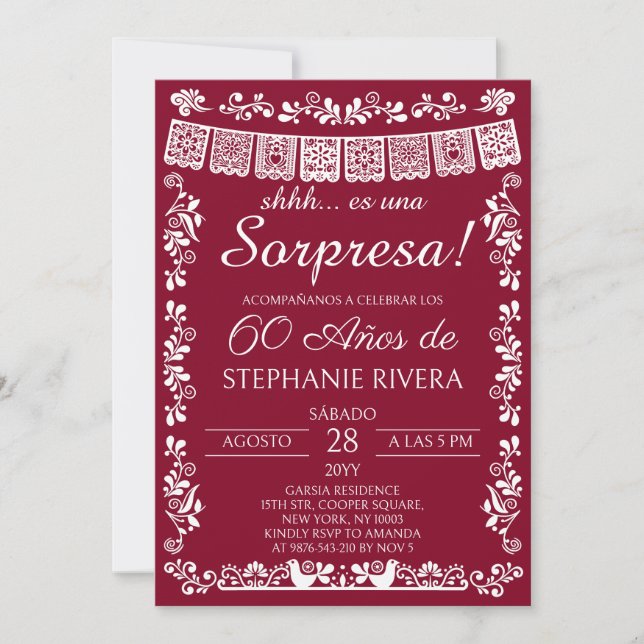 Burgundy Papel Picado Överraskning 60-årsdag Inbjudningar (Framsida)