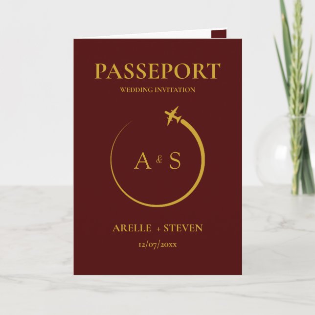 burgundy Passport Destination Faux gold Wedding Inbjudan (Framsida)