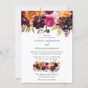Burgundy Peach Autumn Fall Flowers Elegant bröllop Inbjudningar