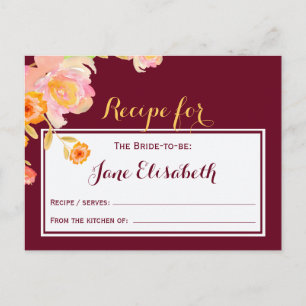Burgundy peach blommigt brude to be recept card vykort