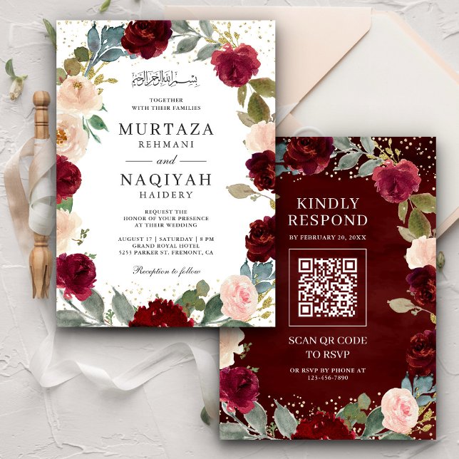 Burgundy Peach Blommigt QR Kod Muslim Bröllop Inbjudningar (Skapare uppladdad)