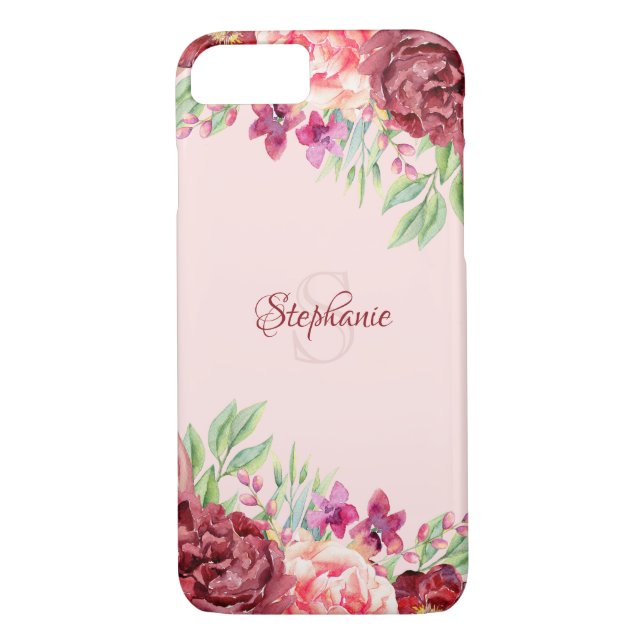 Burgundy Peach  Blommigt Ro Monogram Case-Mate iPhone Skal (Baksida)