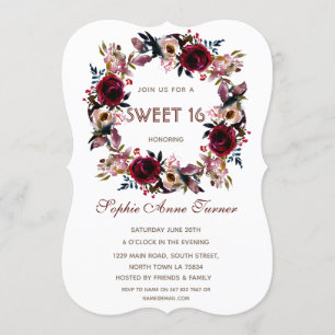 Burgundy Peach Blommigt Sweet sixteen Party Inbjudningar