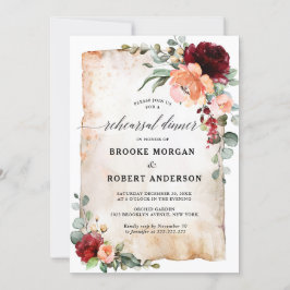 Burgundy Peach Coral Rosa ros Rehearsal Dinner Inbjudningar