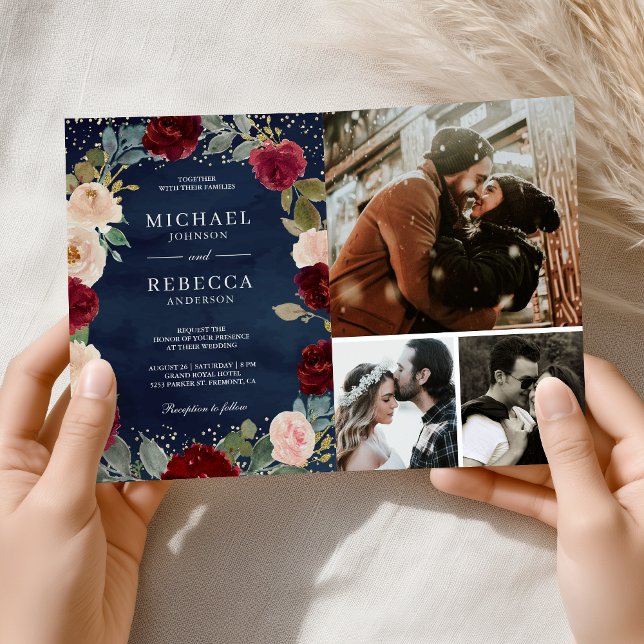 Burgundy Peach Floral QR Code Navy Blue Wedding Inbjudan (Skapare uppladdad)