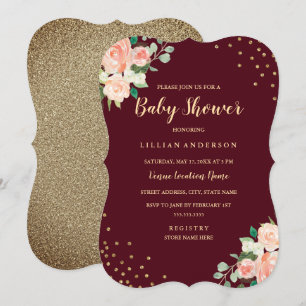 Burgundy Peach Guld Blommigt Confetti Baby Shower Inbjudningar